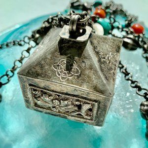 Significant Antique Vintage Chinese Silver Pendant Turquoise Carnelian Dangels